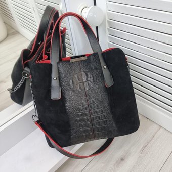 Замшевая женская сумка комбинированная классическая черная с красным натуральная замша+кожзам