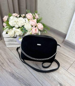 Женская сумочка с цепочкой кросс-боди через плечо сумка клатч черная замша+кожзам