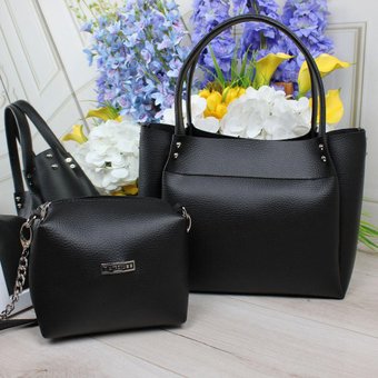 Вместительная женская сумка комплект с клатчем городская модная черная кожзам
